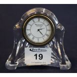 Waterford lead crystal glass small arch topped quartz movement mantel clock. 9cm high approx. (B.P.