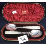 Cased pair of engraved silver jam spoons with mother of pearl handles.