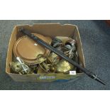 Box of assorted metalware, various to include; copper warming pan, preserving pan, door handles,