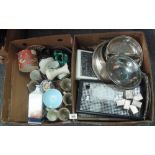 Tray of silver plated items, together with a box of china, Belleek vase,