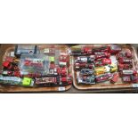Two trays of mainly loose play worn diecast model fire engines and similar vehicles. (B.P.
