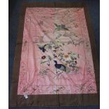 Pink ground oriental design embroidered wall hanging or table cloth with embroidered flowers,