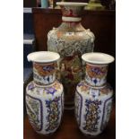 Large Japanese satsuma pottery baluster shaped floor vase with moth shaped mounts,