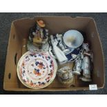 Box of assorted china to include; continental figures, Japanese rice bowl,