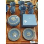 Tray of Wedgwood Jasperware blue and white items to include; vases, trinket box, pin dishes etc.