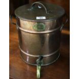 Copper two handled cylindrical urn and cover with brass tap marked M.
