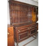 Early 20th Century oak Jacobean style two stage rack back dresser. (B.P. 24% incl.