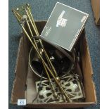 Box of assorted metalware to include; companion set, preserving pan, trivet stand etc.