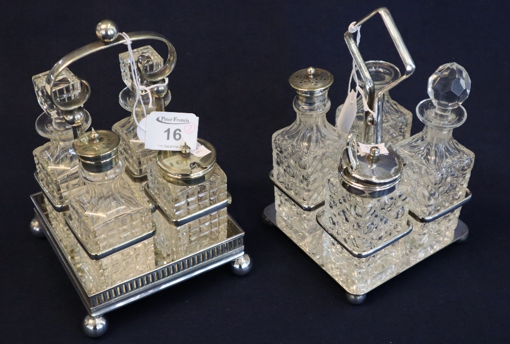 Two similar square shaped silver plated four bottle cruets, one with hobnail cut glass bottles,