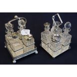 Two similar square shaped silver plated four bottle cruets, one with hobnail cut glass bottles,