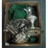 Box of assorted metalware to include; teasets, silver plated trays, cake baskets, entree dishes,