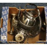 Box of assorted silver and silver plate to include; spirit kettle on stand, comport,