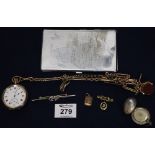 A collection of jewellery and watches including; a Waltham pocket watch, watch chain, bar brooch,