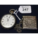 Continental silver open faced keyless pocket watch with chain and vesta case. (B.P. 24% incl.