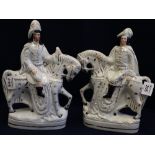 Pair of late 19th Century Staffordshire pottery flat backed equestrian figures, a handed pair,