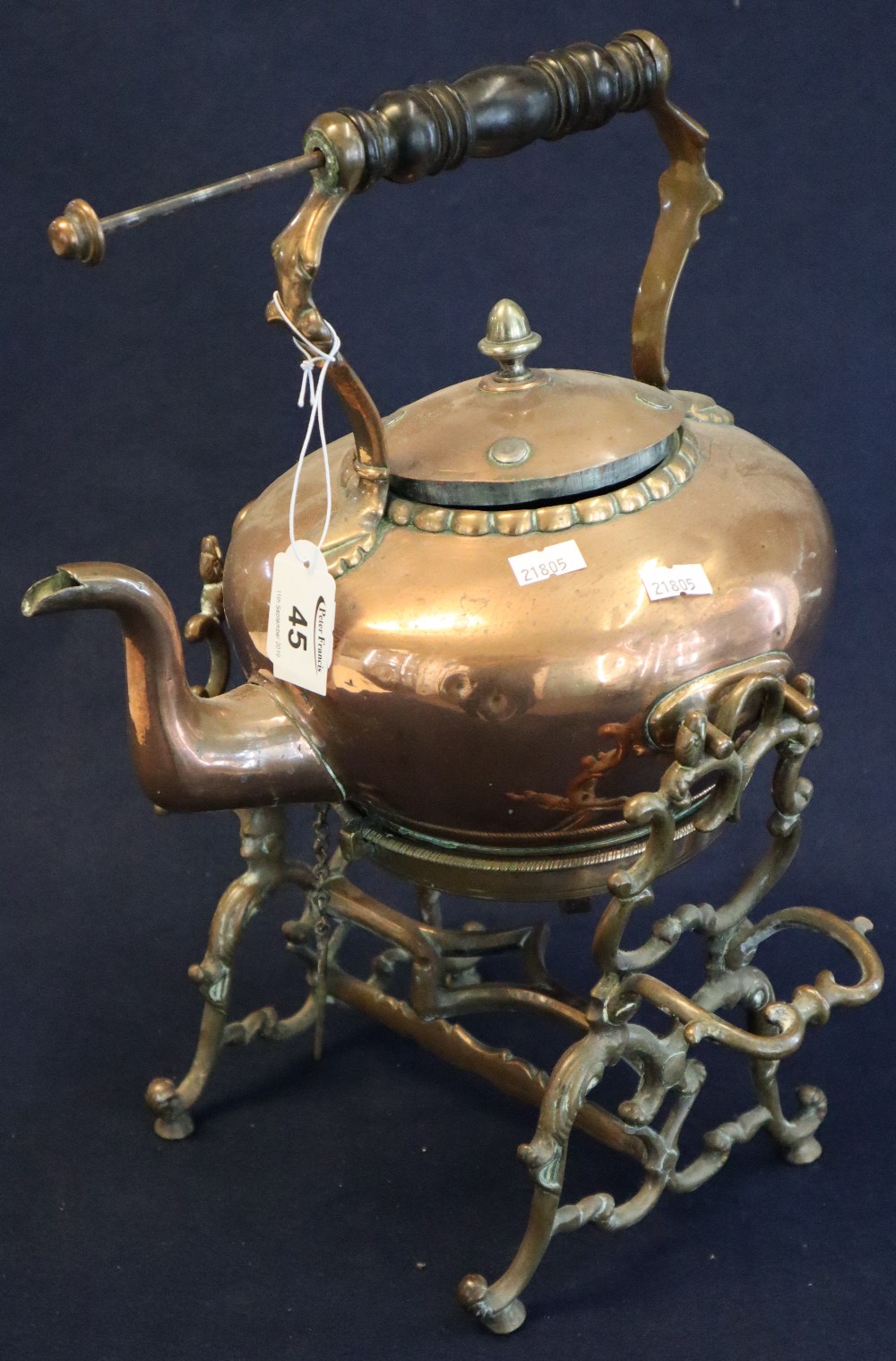 Copper and brass spirit kettle on stand. (B.P. 24% incl.