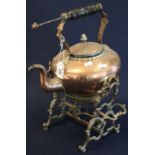 Copper and brass spirit kettle on stand. (B.P. 24% incl.