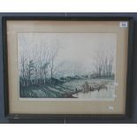 Cavendish Morton, winter landscape, woodcut, signed in pencil, 34 x 50cm approx. Framed and glazed.
