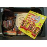 Box of assorted items to include; vintage playing cards, Babes in Toyland soldiers by Walt Disney,