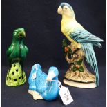 Two majolica parrots and a Chinese porcelain blue glazed duck. (3) (B.P. 24% incl.