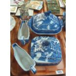 Tray of blue and white willow design china to include; tureen and cover, tureen lid only,