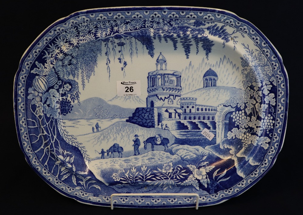 19th Century Swansea pottery blue and white transfer printed Monopteros pattern oval meat dish.