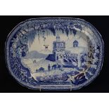 19th Century Swansea pottery blue and white transfer printed Monopteros pattern oval meat dish.