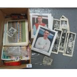 Box of vintage football ephemera to include; Sun Football swap cards,