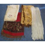 Three vintage shawls; one cream ground probably fine wool with hand embroidered flowers,