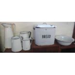 Collection of vintage enamel wares to include; bread bin, conical jugs and bowl. (6) (B.P. 24% incl.