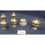 Silver three piece baluster shaped condiment set,