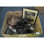 Box of assorted metalware to include; silver plated coffee pot, copper kettle, pewter tankards,
