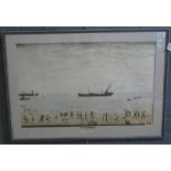 After L.S Lowry, 'Waiting for the tide', coloured print. 43 x 67cm approx, framed and glazed. (B.P.