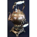 19th Century copper spirit kettle on brass stand with ceramic handles. (B.P. 24% incl.