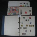 All world collection in two old albums and excercise book. 100's of stamps, mostly used. (B.P.