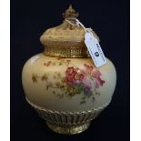 Royal Worcester porcelain blush ivory pot pourri vase and cover having gilded relief cane work