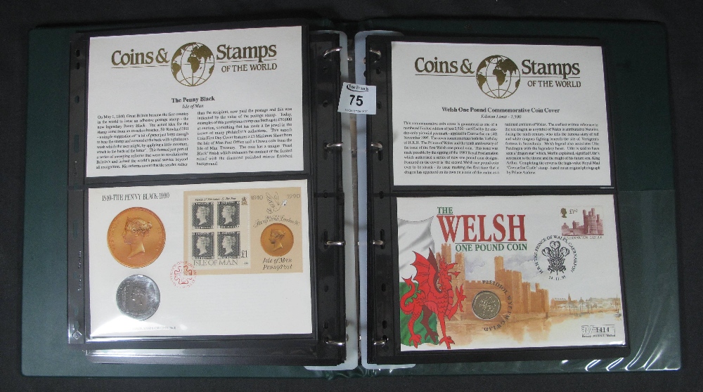 Coins and stamps of the world collection of various coin covers from the 1980s and 1990s in green