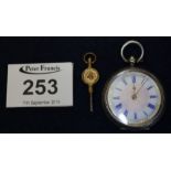 Continental silver engraved fob watch with enamel Roman dial, boxed. (B.P. 24% incl.