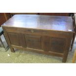 18th Century oak coffer of plain form having three fielded panels with carvings for 1717. (B.P.