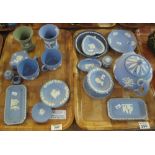 Two trays of mainly blue and white Wedgwood Jasperware items. (B.P. 24% incl.