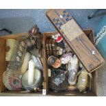 Two boxes of items, various to include; models of pigs and elephants,