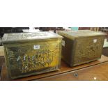Two similar brass coal boxes with hinged lids decorated with farming scenes. (B.P. 24% incl.
