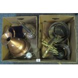 Two boxes of metalware, mainly copper and brass to include; graduated vintage saucepans,