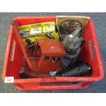 Box of assorted items to include; Prinz 10 x 50 binoculars, tinplate crane, Stanley plane,