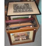 Box of furnishing and other pictures, black and white framed picture of Llandovery college 1931,