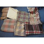 Box of vintage woollen blankets to include; a beige one with striped ends, plain cream,