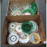 Two boxes of china and glass to include; ribbon plates, 19th Century green leaf plates and bowls,