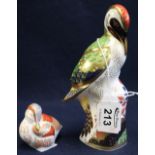 Royal Crown Derby bone china figure of a green woodpecker and a similar figure of a teal duckling