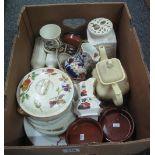 Box of assorted china to include; Allertons Imari design dresser jugs,