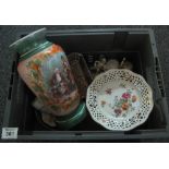 Box of assorted china to include; continental figural group, Imari design condiment set,